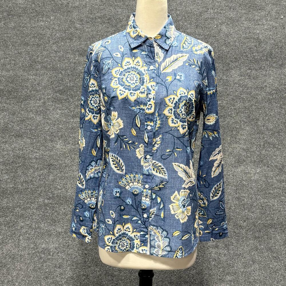 J McLaughlin Shirt Womens Medium Blue Floral Button Front Long Sleeve Chambray
